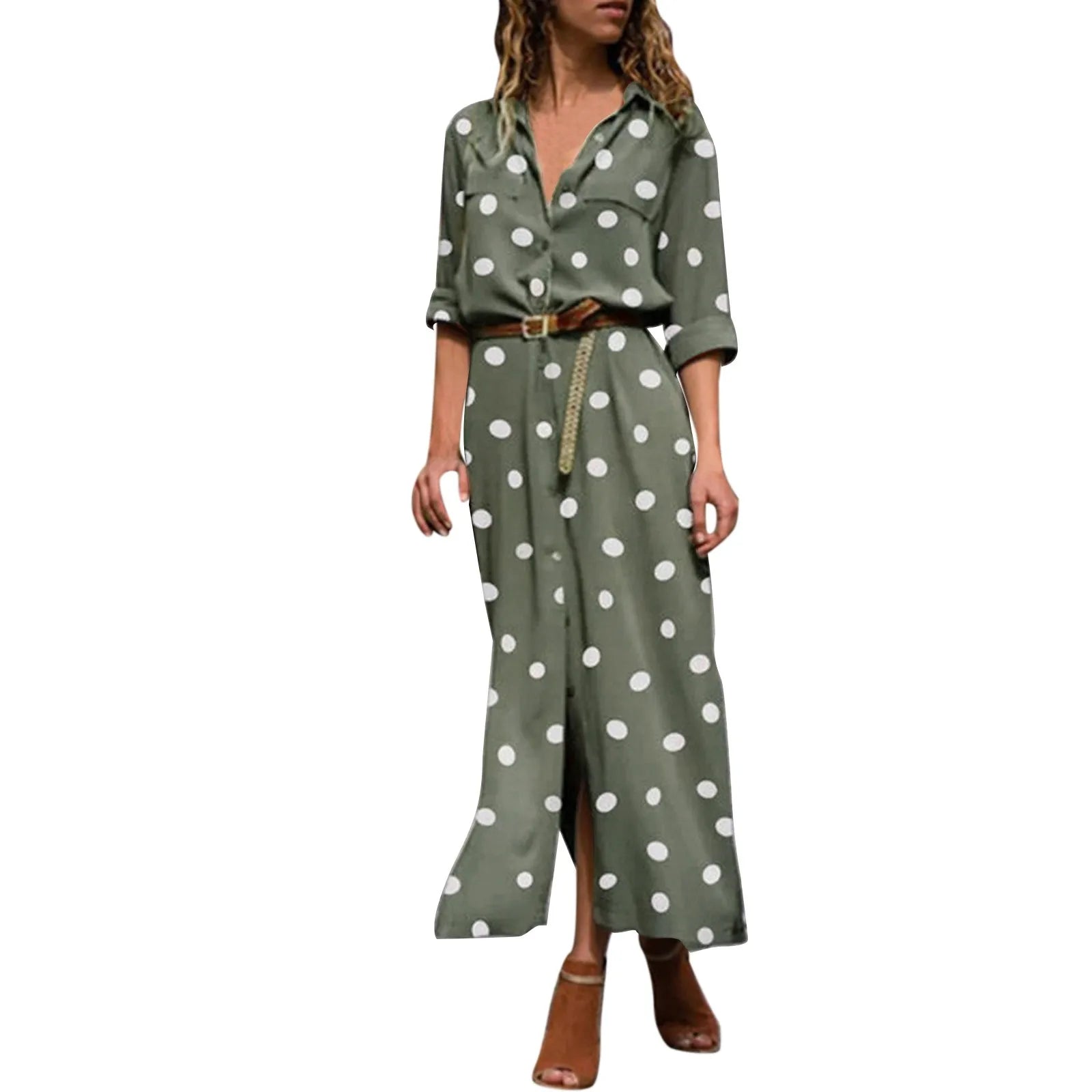 Button Front Polka Dot Maxi Shirt Dress with Belt and Side Split