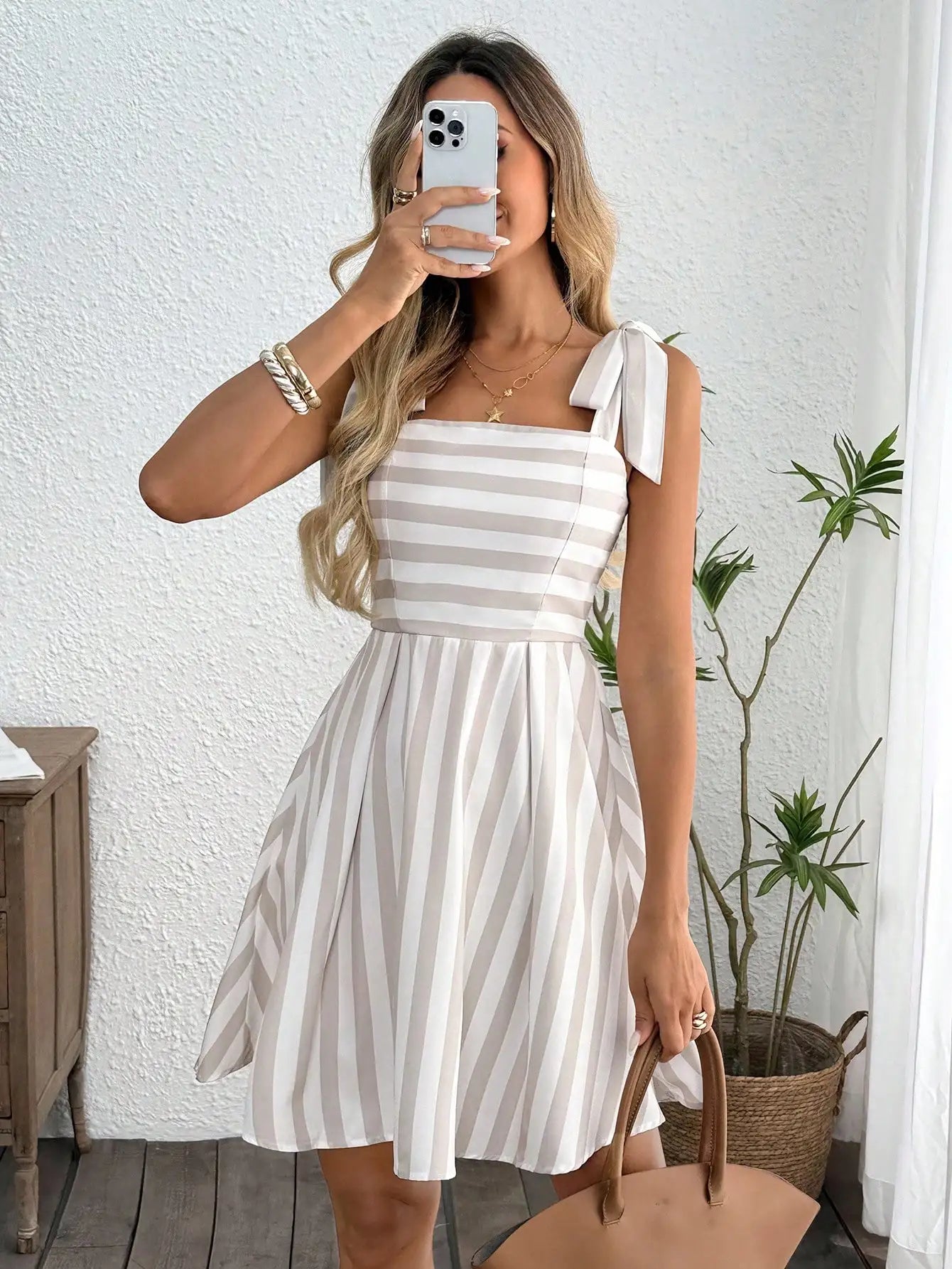 Tie Shoulder Striped A-Line Mini Dress with Square Neck Design