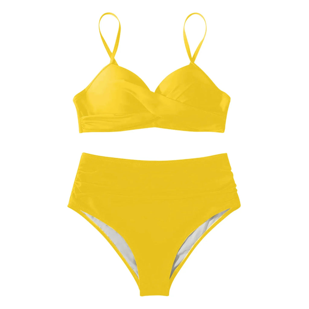 Emerald Green Cross-Front Bikini Set with Ruched High-Waisted Bottoms