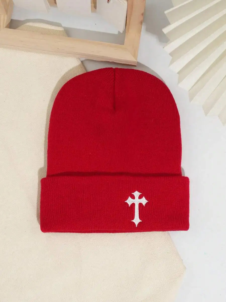 Minimalist Embroidered Cross Acrylic Knit Beanie for Modern Streetwear Winter Casual Fashion Style