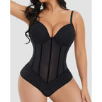 Plunging V-Neck Bodysuit with Vertical Sheer Paneling and Defined Bust Contour