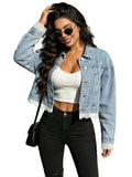 Cropped Denim Jacket with Decorative Hem Detail and Casual Streetwear Styling