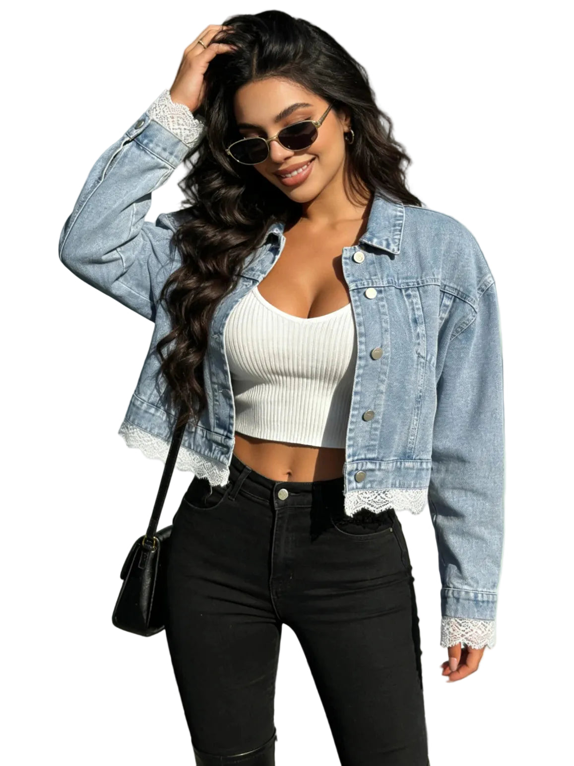 Cropped Denim Jacket with Decorative Hem Detail and Casual Streetwear Styling