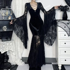 Flowing Gothic Velvet Dress with Dark Alternative Streetwear Elegance