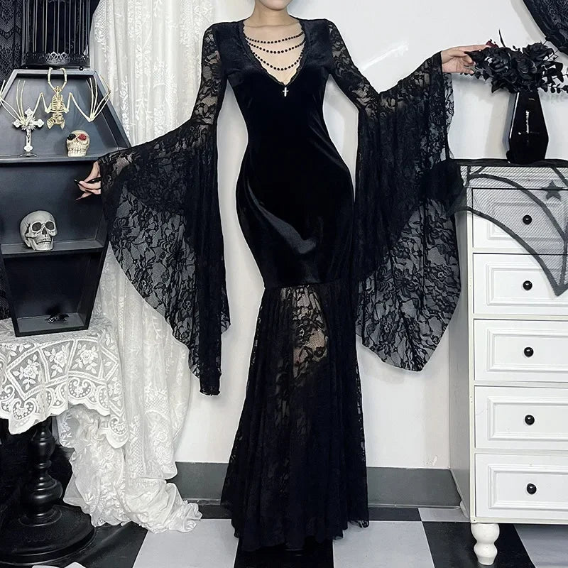Flowing Gothic Velvet Dress with Dark Alternative Streetwear Elegance