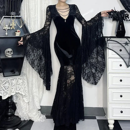Flowing Gothic Velvet Dress with Dark Alternative Streetwear Elegance