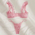 Shimmering Light Blue Satin and White Lace Underwire Demi Bra Set