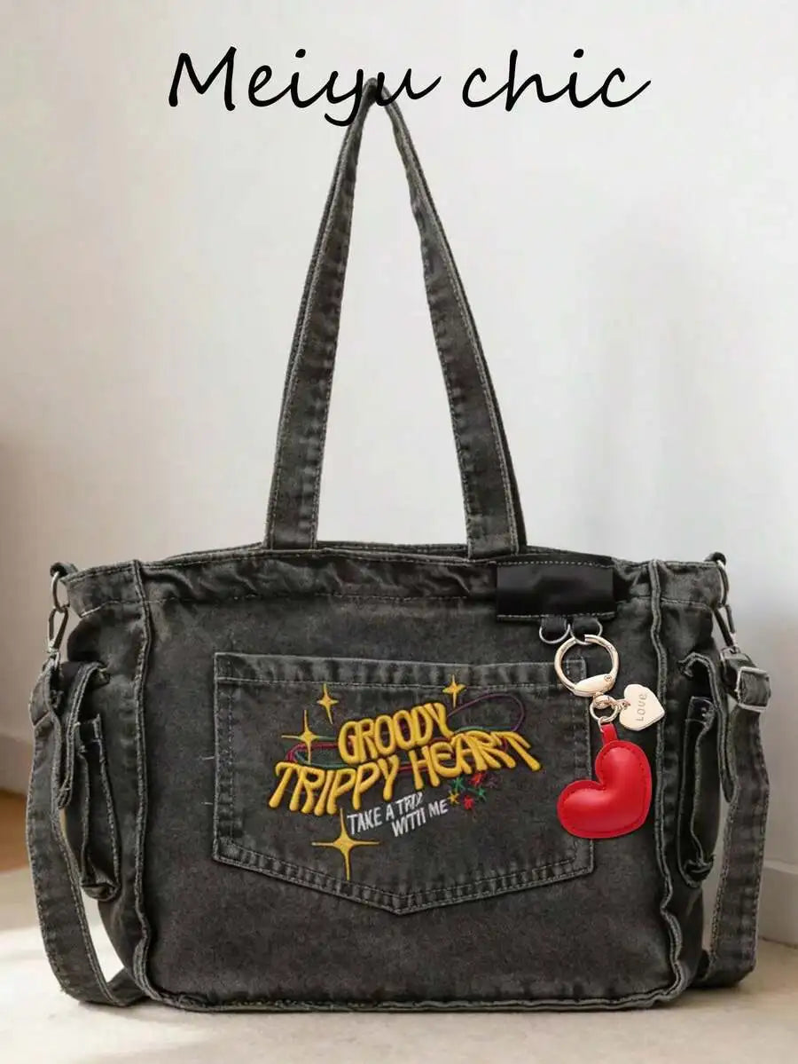 Denim Tote Shoulder Bag with Embroidered Graphic Accent Design