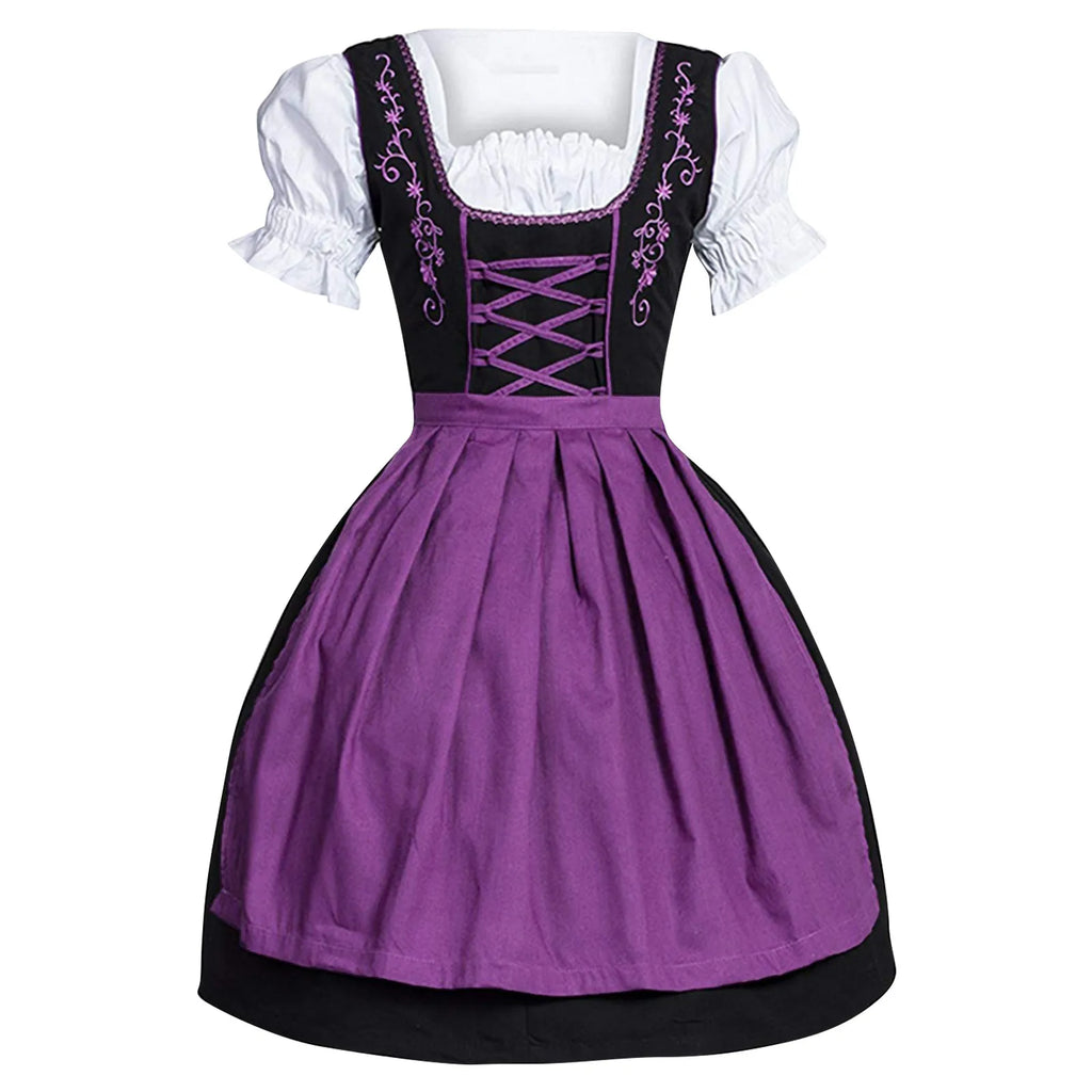 Traditional Bavarian-Inspired Dirndl Dress with Lace-Up Bodice and Puff Sleeves