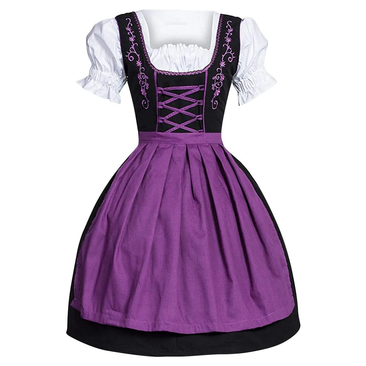 Traditional Bavarian-Inspired Dirndl Dress with Lace-Up Bodice and Puff Sleeves