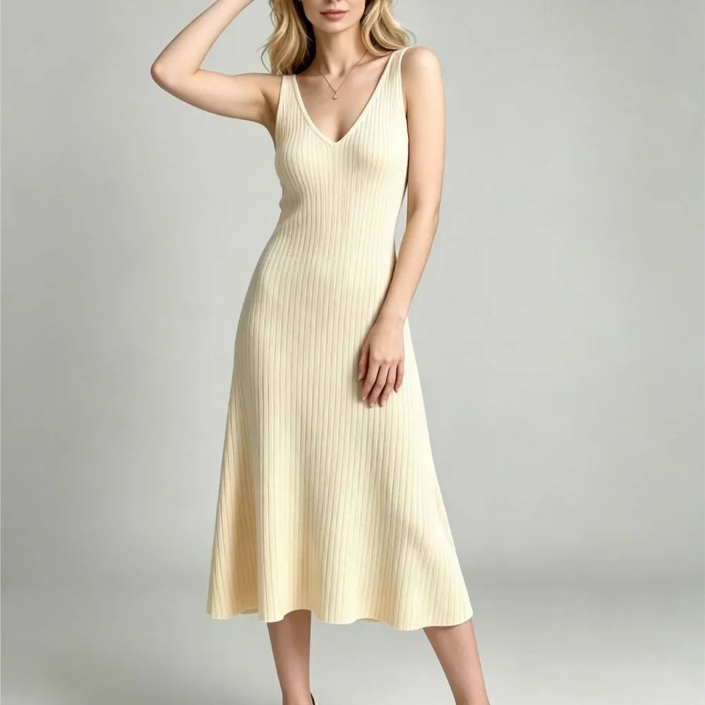 Sleeveless V-Neck A-Line Midi Dress in Vibrant Chartreuse