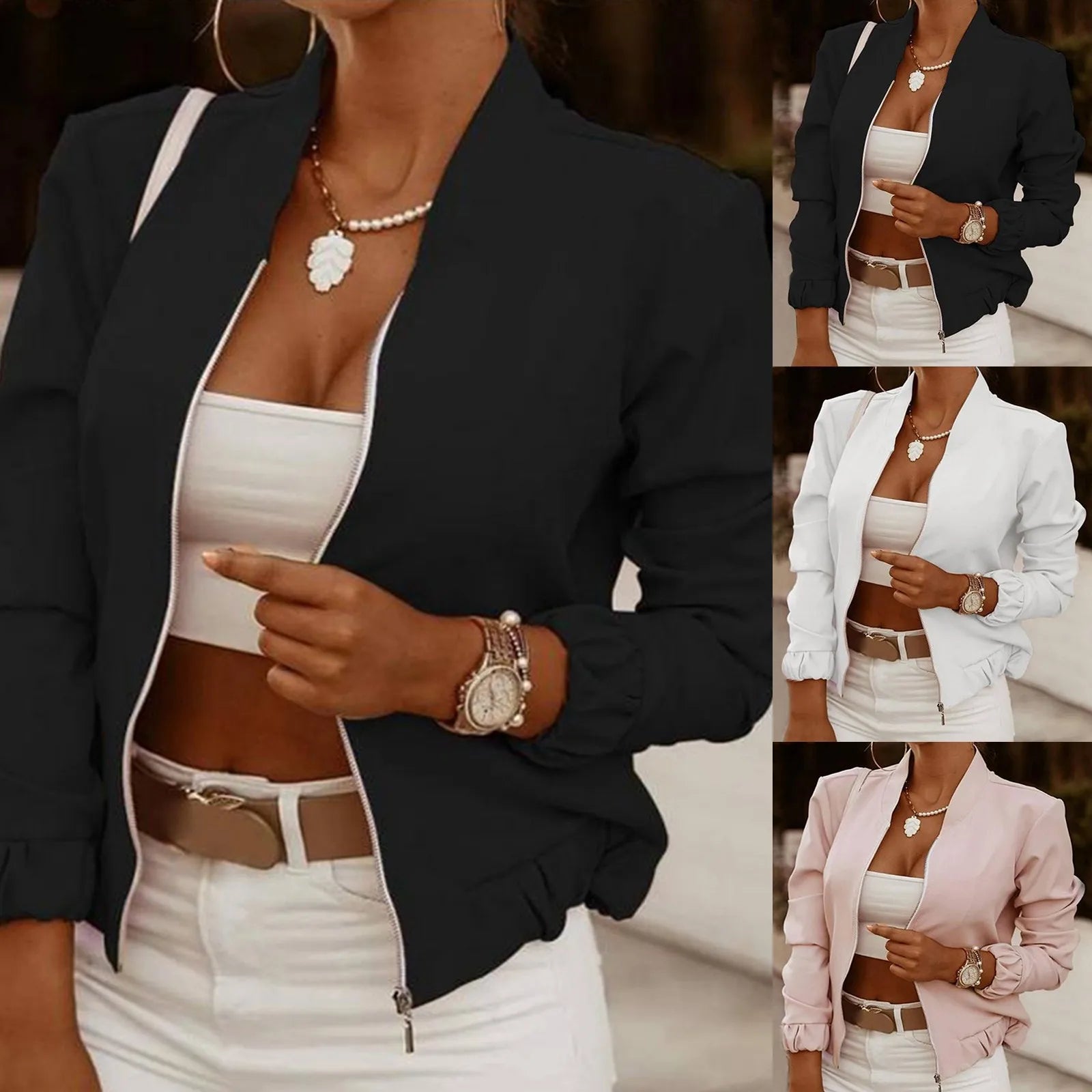 Women's Minimalist Zip-Up Bomber Jacket with Stand Collar Contemporary Casual Streetwear Style