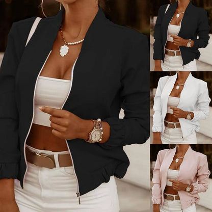 Women's Minimalist Zip-Up Bomber Jacket with Stand Collar Contemporary Casual Streetwear Style