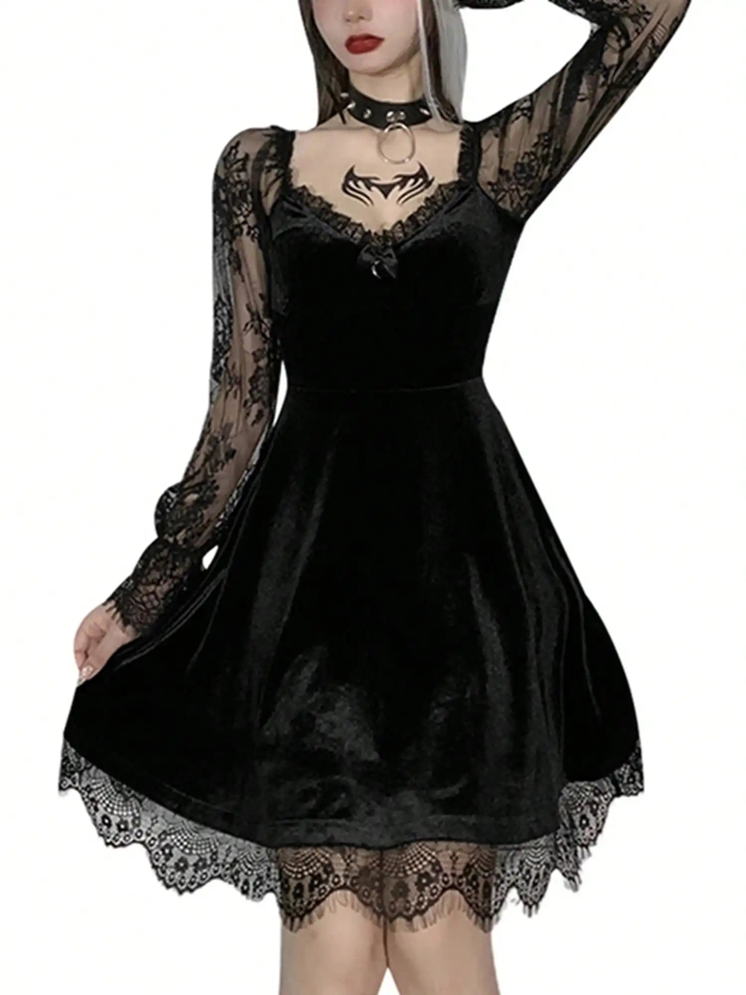 Gothic Lace Sleeve Velvet Mini Dress with Dark Elegant Aesthetic