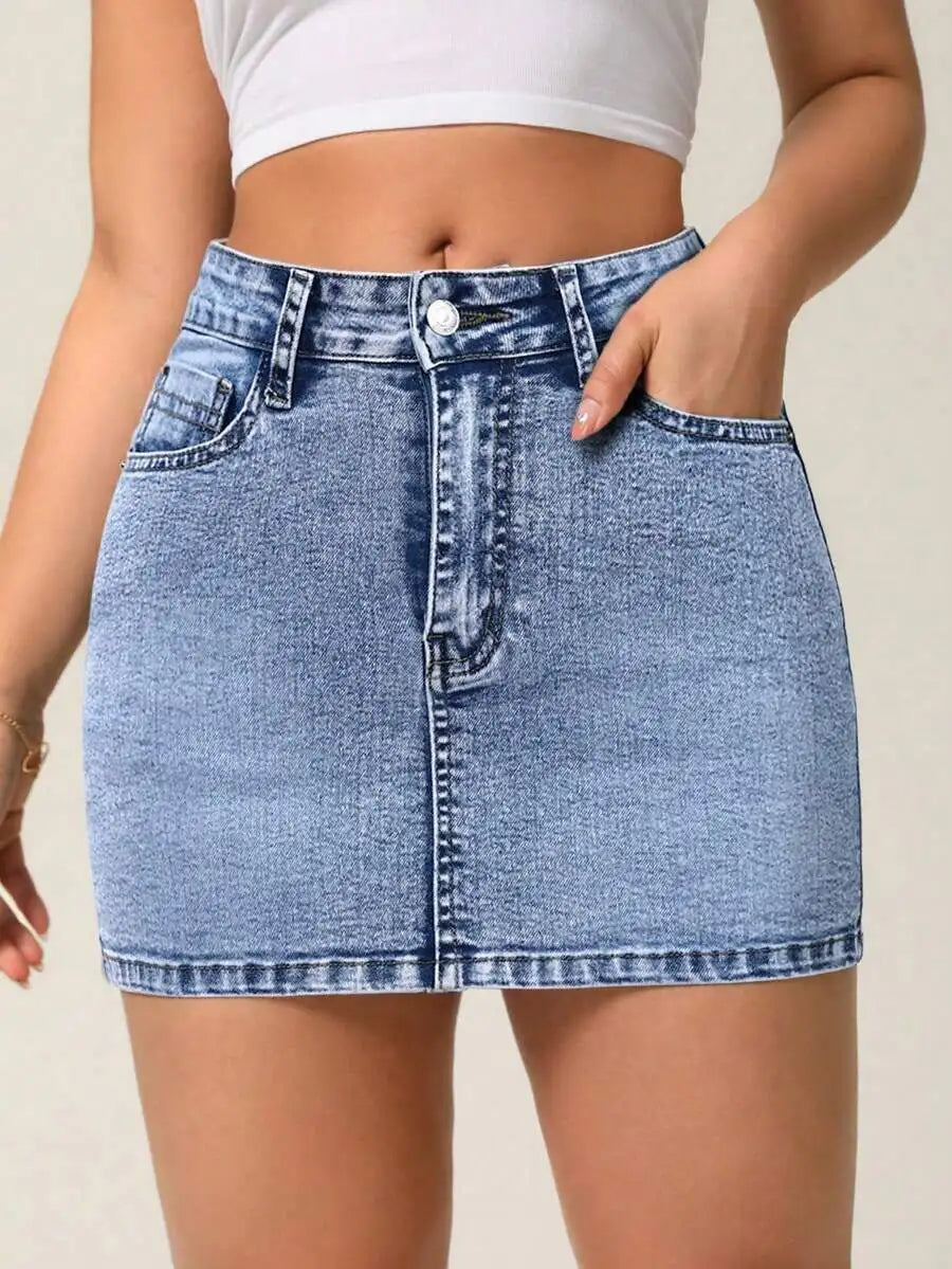 Stretch Denim Mini Skirt with Front Pockets and Streamlined Fit
