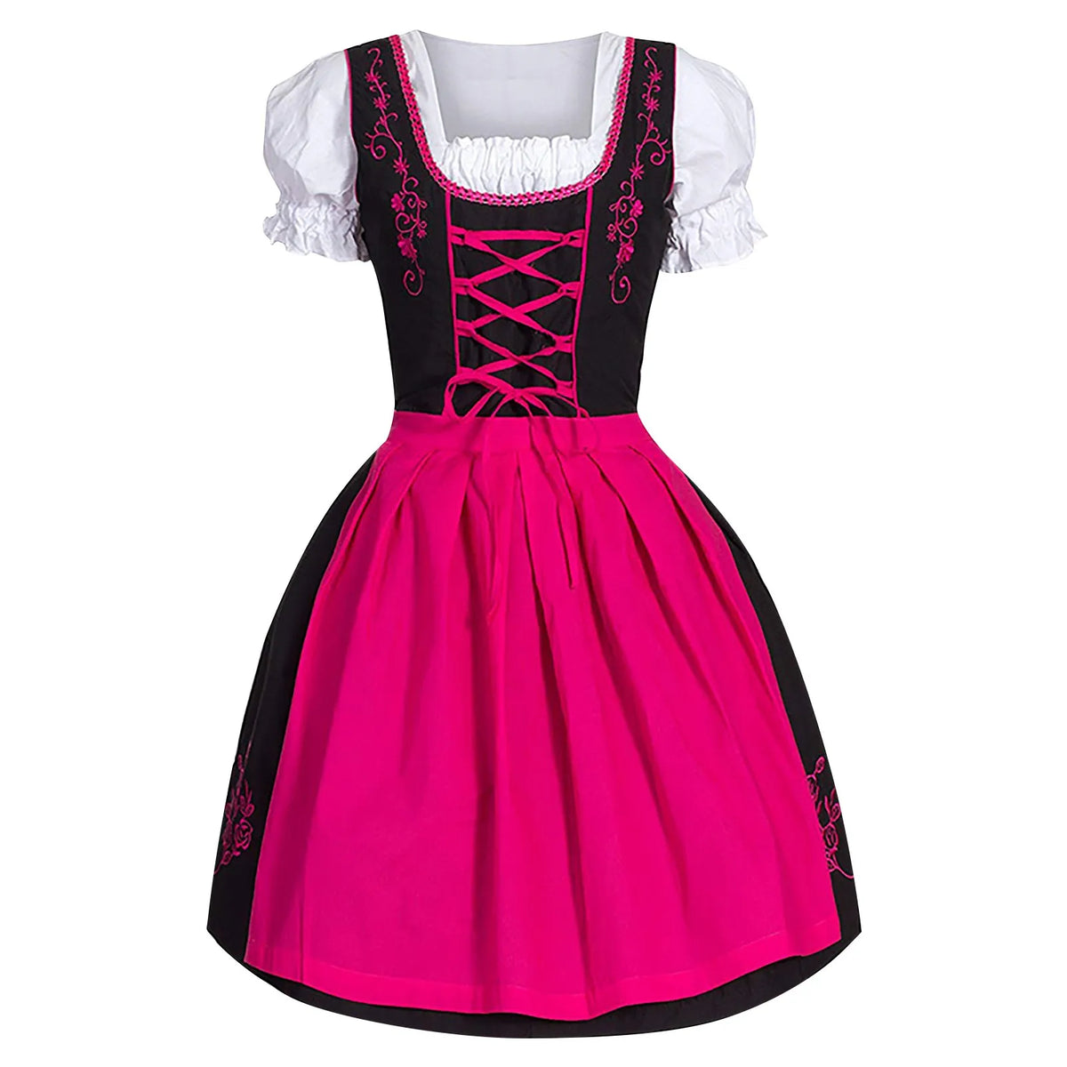 Traditional Bavarian-Inspired Dirndl Dress with Lace-Up Bodice and Puff Sleeves