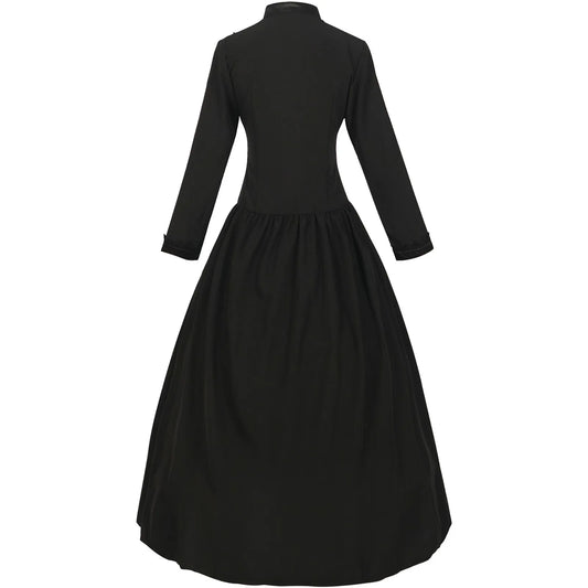 Victorian Gothic High-Neck Button Front Maxi Dress with Classic Elegance