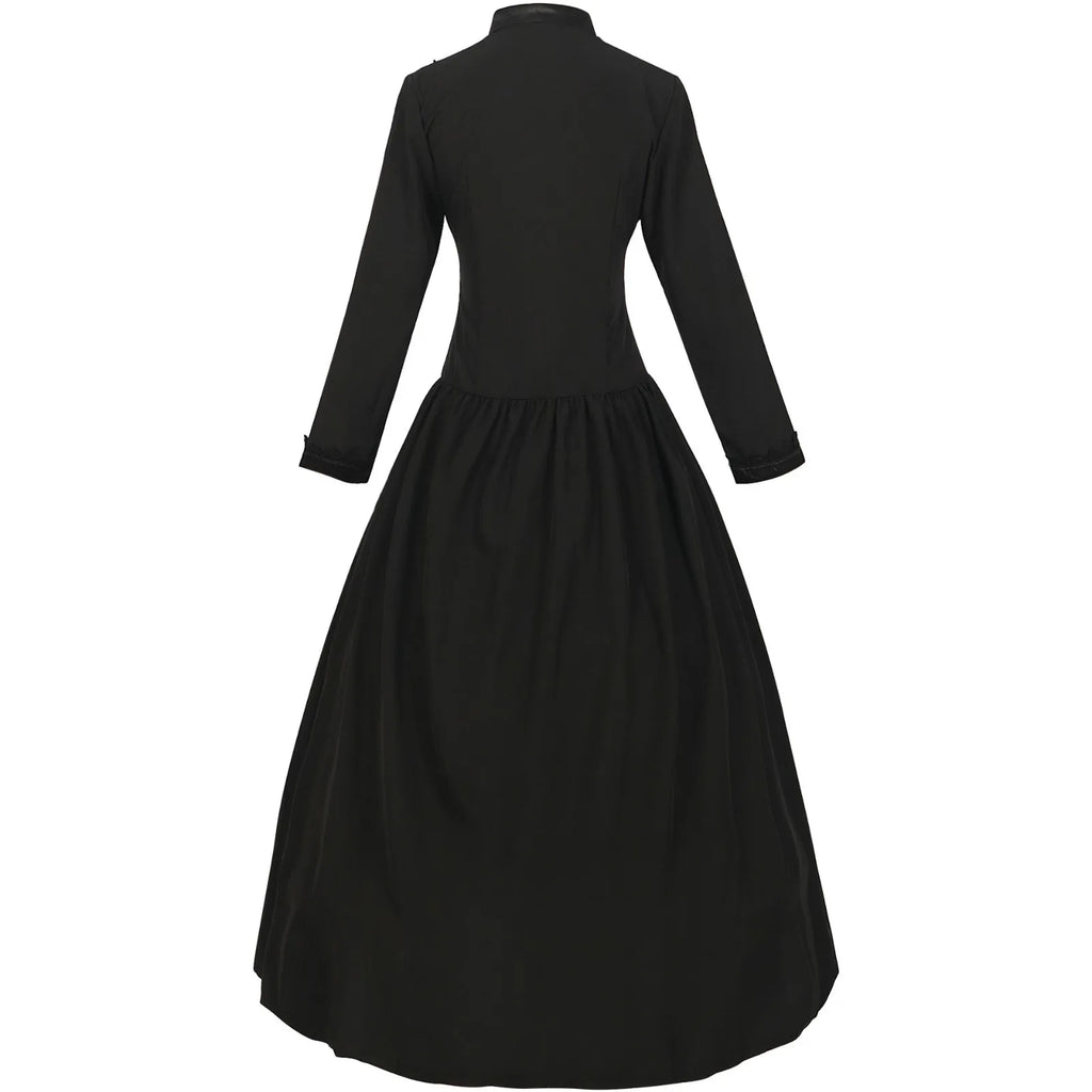 Victorian-Inspired Long Sleeve Black Maxi Dress with High Collar