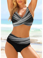 Geometric Print Cross-Front Bikini Top with High-Waisted Color-Block Bottoms