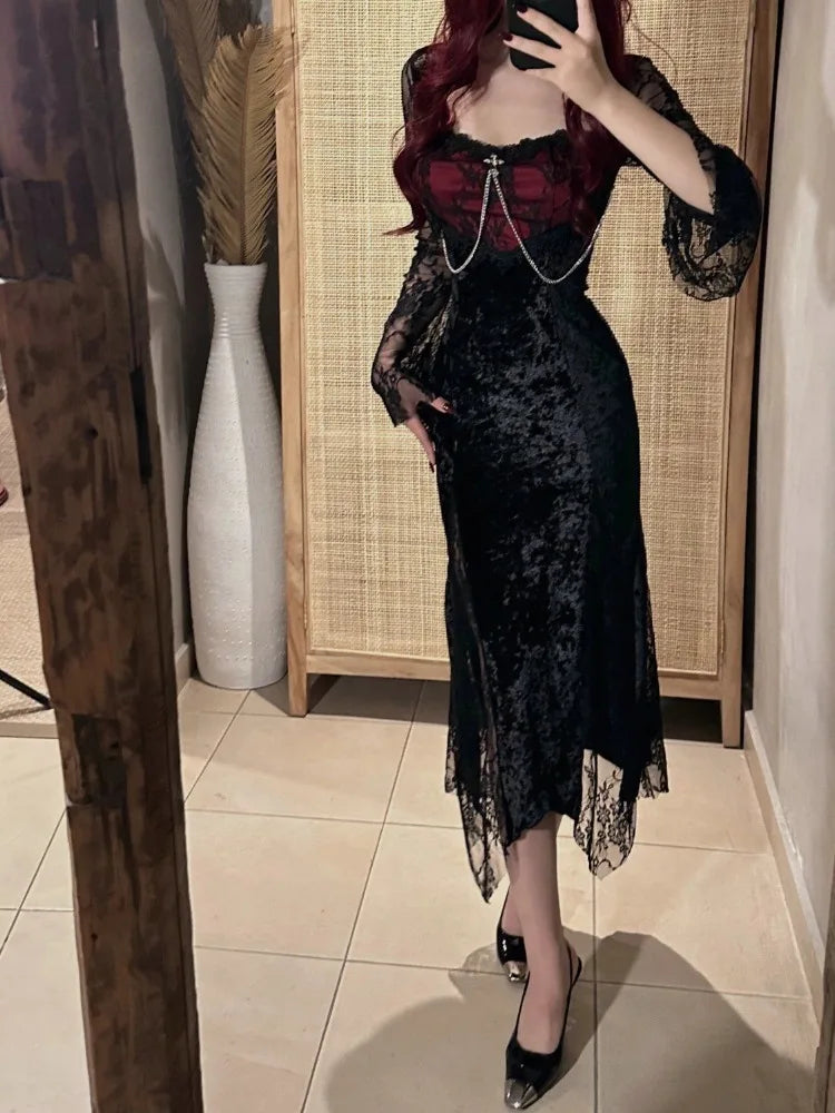 Elegant Gothic Lace Maxi Dress with Dark Alternative Evening Aesthetic