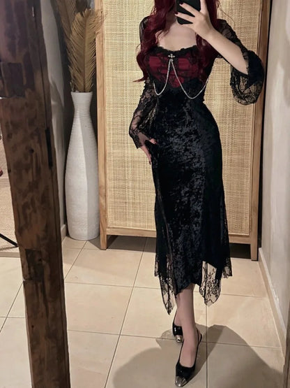 Elegant Gothic Lace Maxi Dress with Dark Alternative Evening Aesthetic