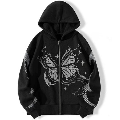 Oversized Butterfly Graphic Zip Hoodie with Contemporary Streetwear Style