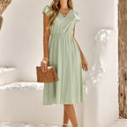 Flutter Sleeve V-Neck Button Front Midi Dress With Elegant Everyday Silhouette