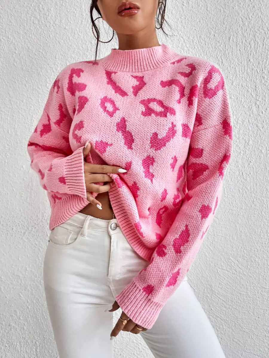 Women's Oversized Leopard Pattern Dropped Shoulder Knit Streetwear Sweater