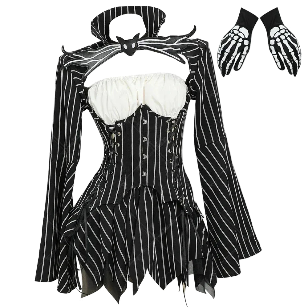 Women's Striped Corset Style Top and Layered Skirt Costume Set with Gloves