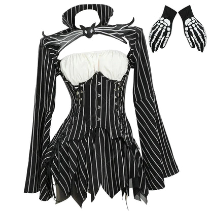 Women's Striped Corset Style Top and Layered Skirt Costume Set with Gloves