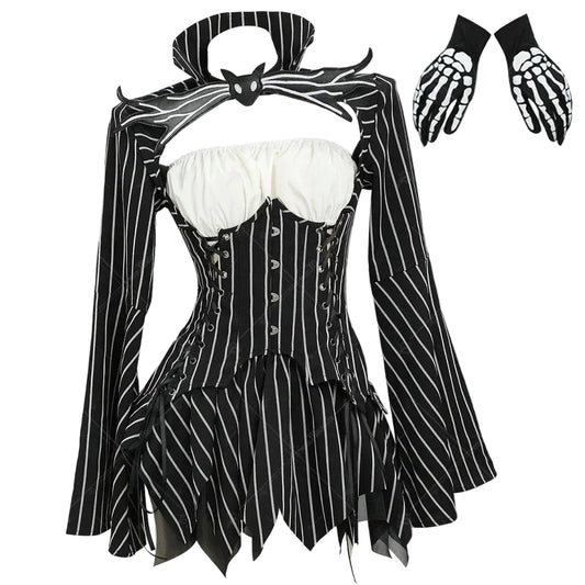 Women's Striped Corset Style Top and Layered Skirt Costume Set with Gloves