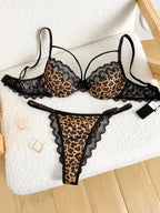 Strappy Leopard Print Underwire Lingerie Set with Black Scalloped Lace