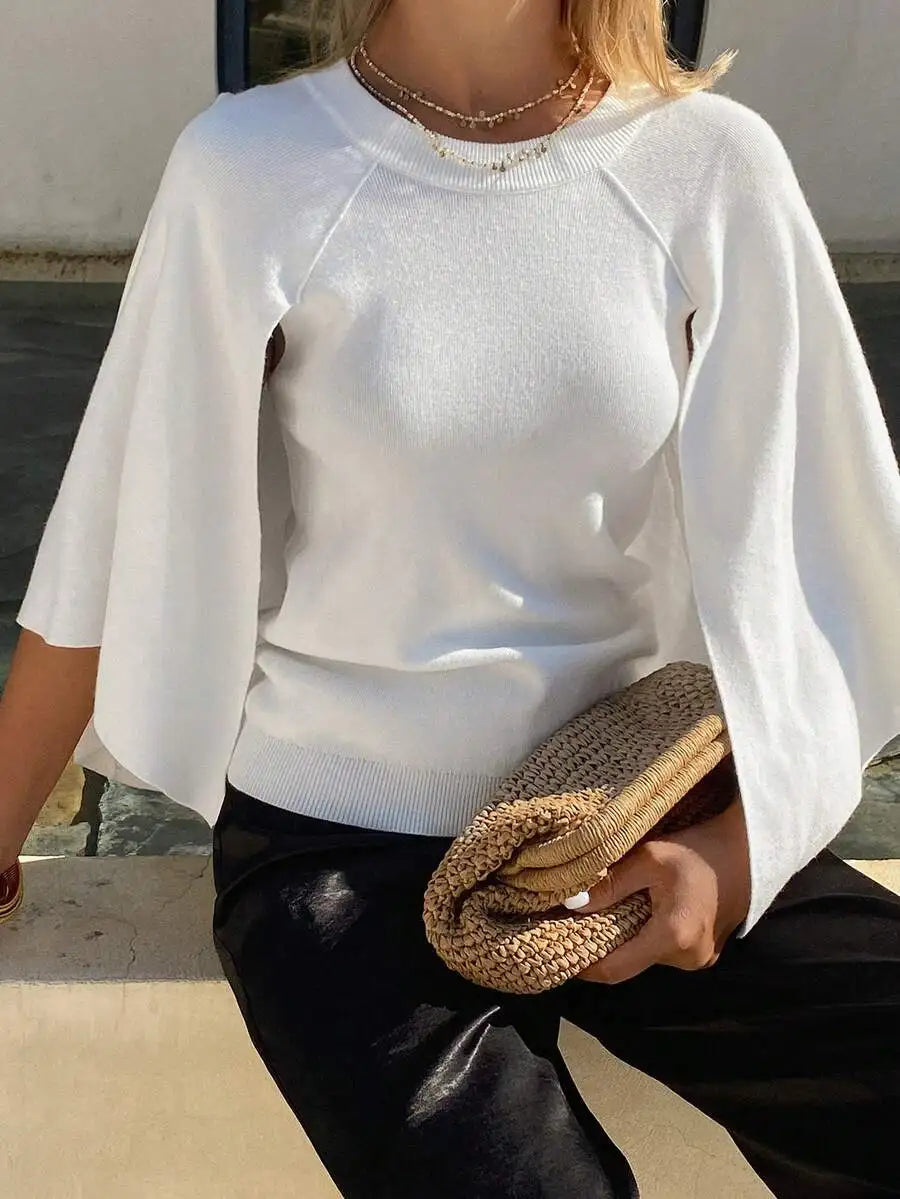 Women's Relaxed Batwing Sleeve Crew Neck Cotton Knit Poncho Style Casual Pullover Sweater
