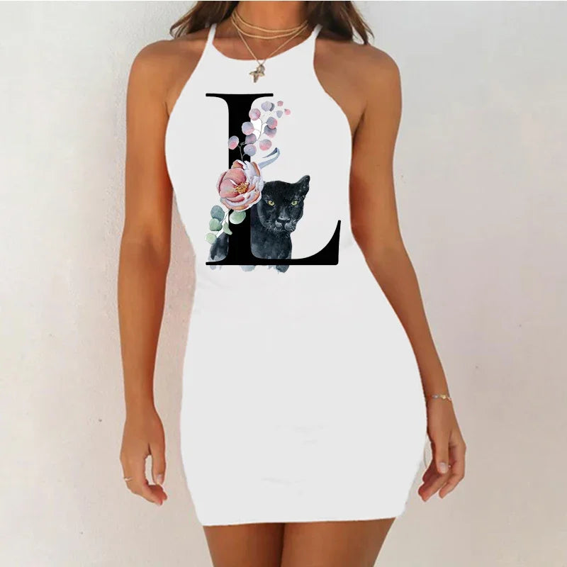 White Sleeveless Mini Nightgown with Bold Black Letter and Graphic Print, Slim Silhouette and Above-Knee Length