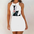 White Sleeveless Mini Nightgown with Bold Black Letter and Graphic Print, Slim Silhouette and Above-Knee Length
