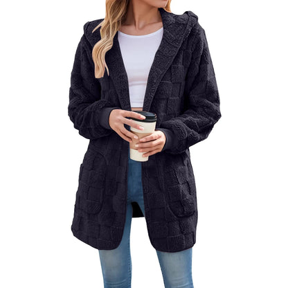 Women's Longline Hooded Plush Fleece Cardigan Jacket for Cozy Everyday Layering