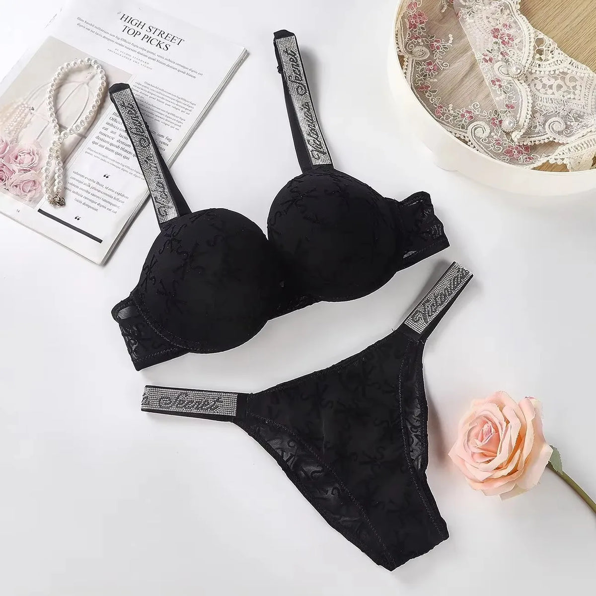 Vivid Magenta Contour Bra and Thong Set with Crystal-Embellished Straps