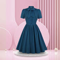 Retro Preppy Light Blue Midi Dress with Bow Collar and Button Bodice