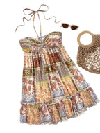 Patchwork Print Halter Mini Dress with Ruffle Trim Bohemian Silhouette
