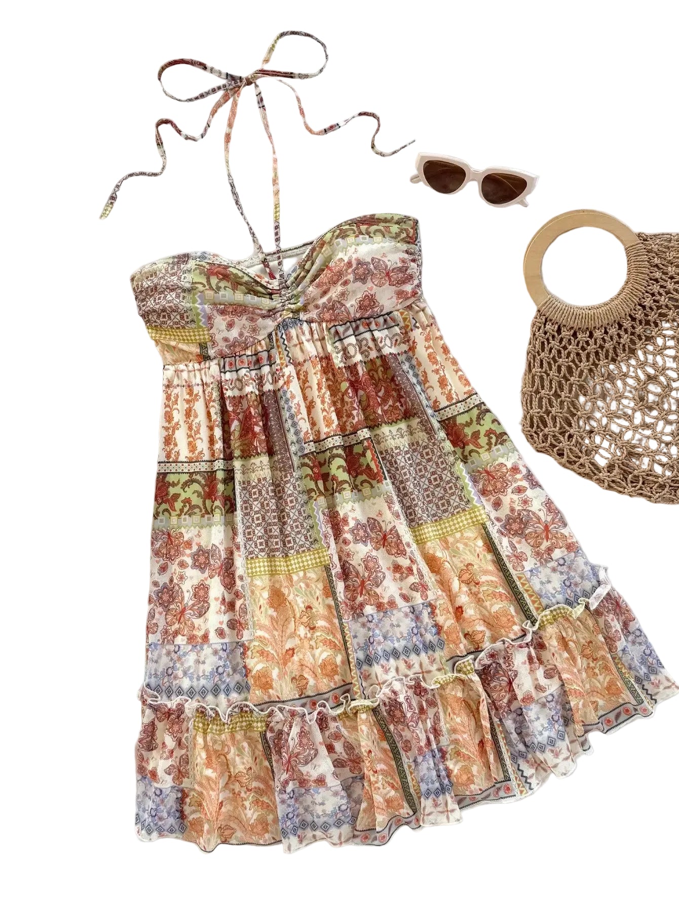 Patchwork Print Halter Mini Dress with Ruffle Trim Bohemian Silhouette