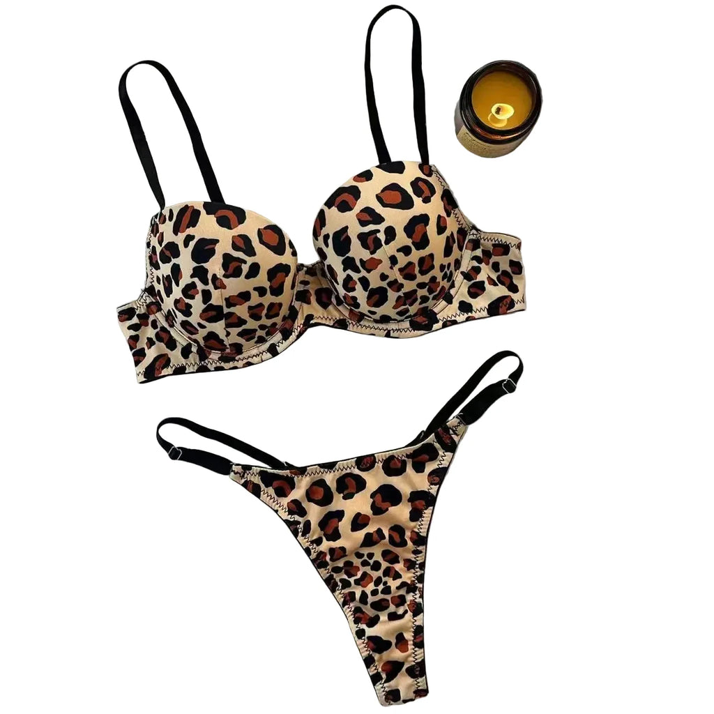 Classic Leopard Print Molded Underwire Bra and Thong Set