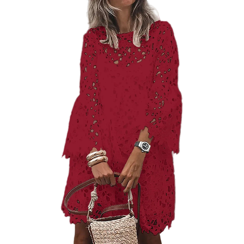 Bohemian Lace Overlay Mini Dress Set With Long Sleeves And Layered Design