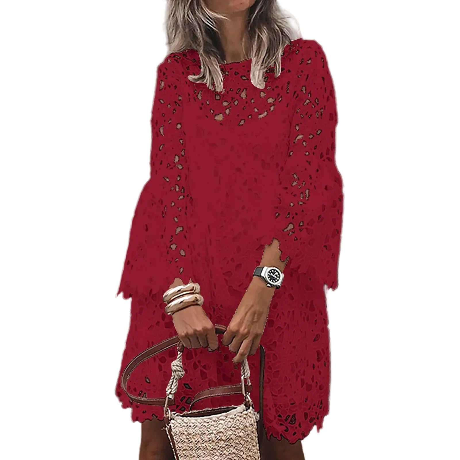 Bohemian Lace Overlay Mini Dress Set With Long Sleeves And Layered Design