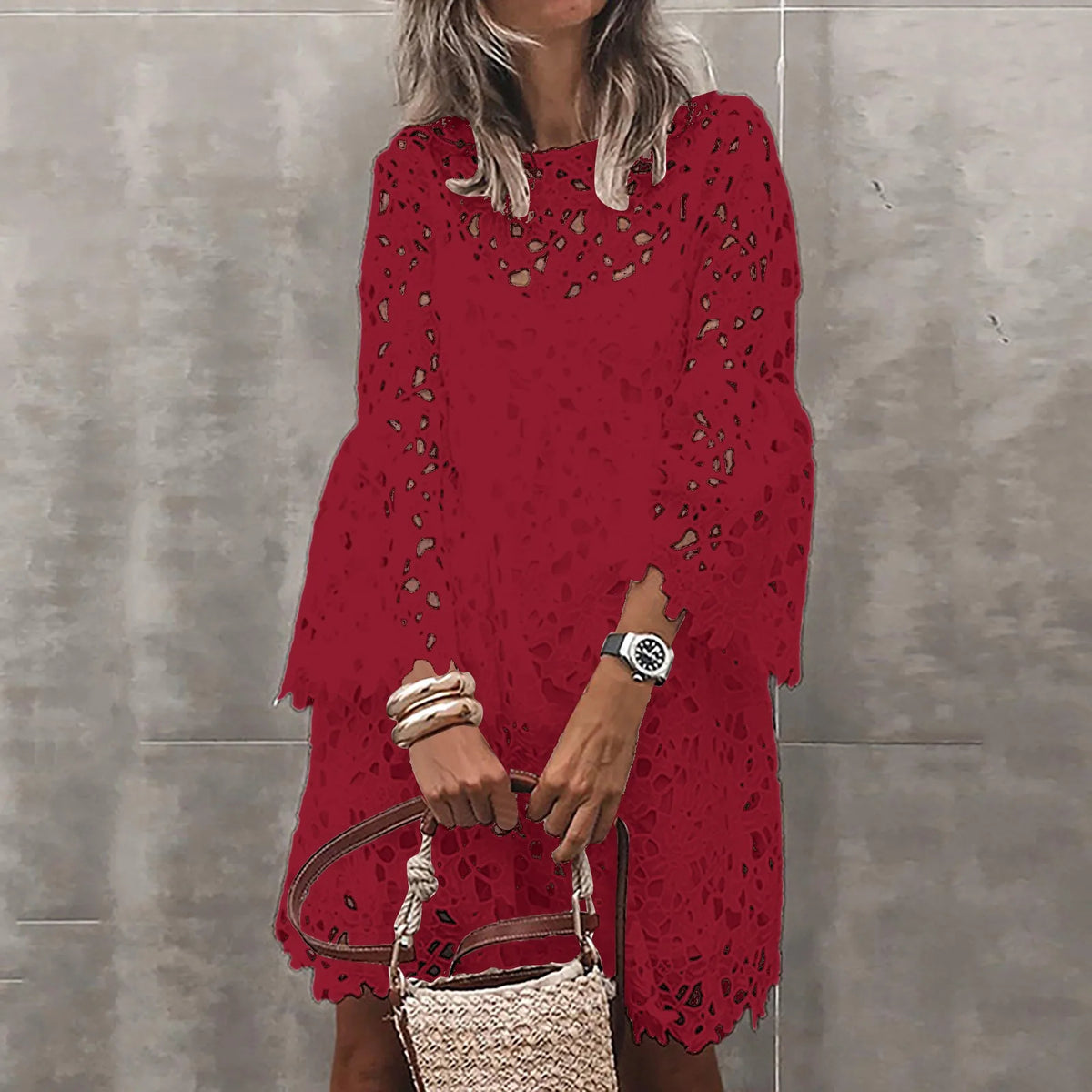 Bohemian White Crochet Mini Dress with Bell Sleeves and Intricate Cutout Detailing