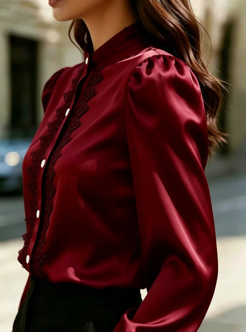 Lustrous Burgundy Satin-Finish Blouse with Stand Collar and Lace Trim Placket