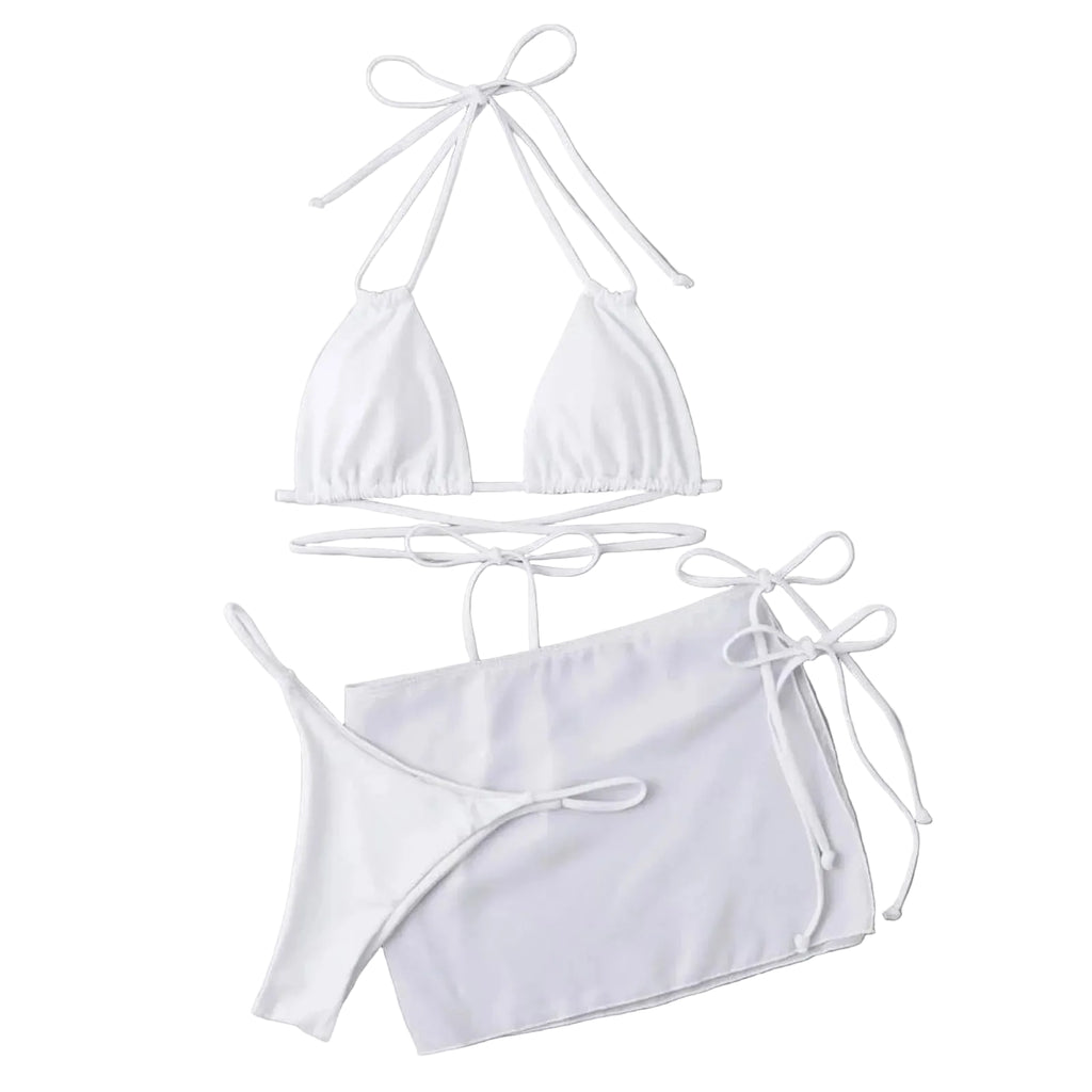 Solid Three-Piece Bikini Set with Drawstring Straps, Coordinating Swimwear Pieces and Feminine Beach-Ready Styling