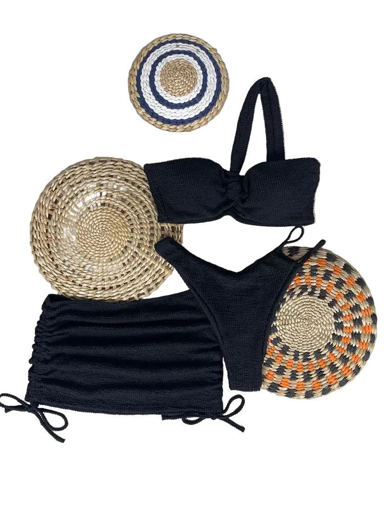 Solid Black Three-Piece Swimwear Set with Asymmetric One-Shoulder Top and Ruched Skirt