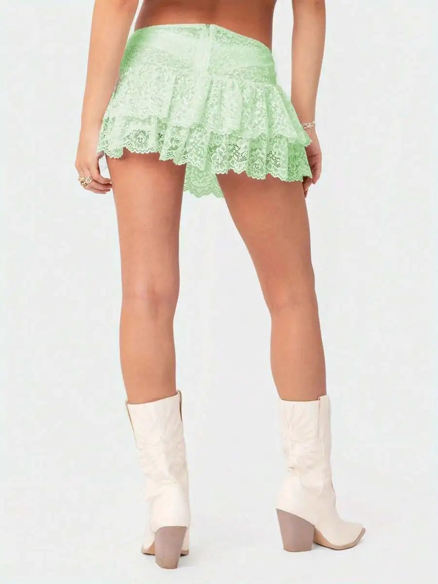 Lace Ruffle Hem Mini Skirt with Layered Feminine Street Style