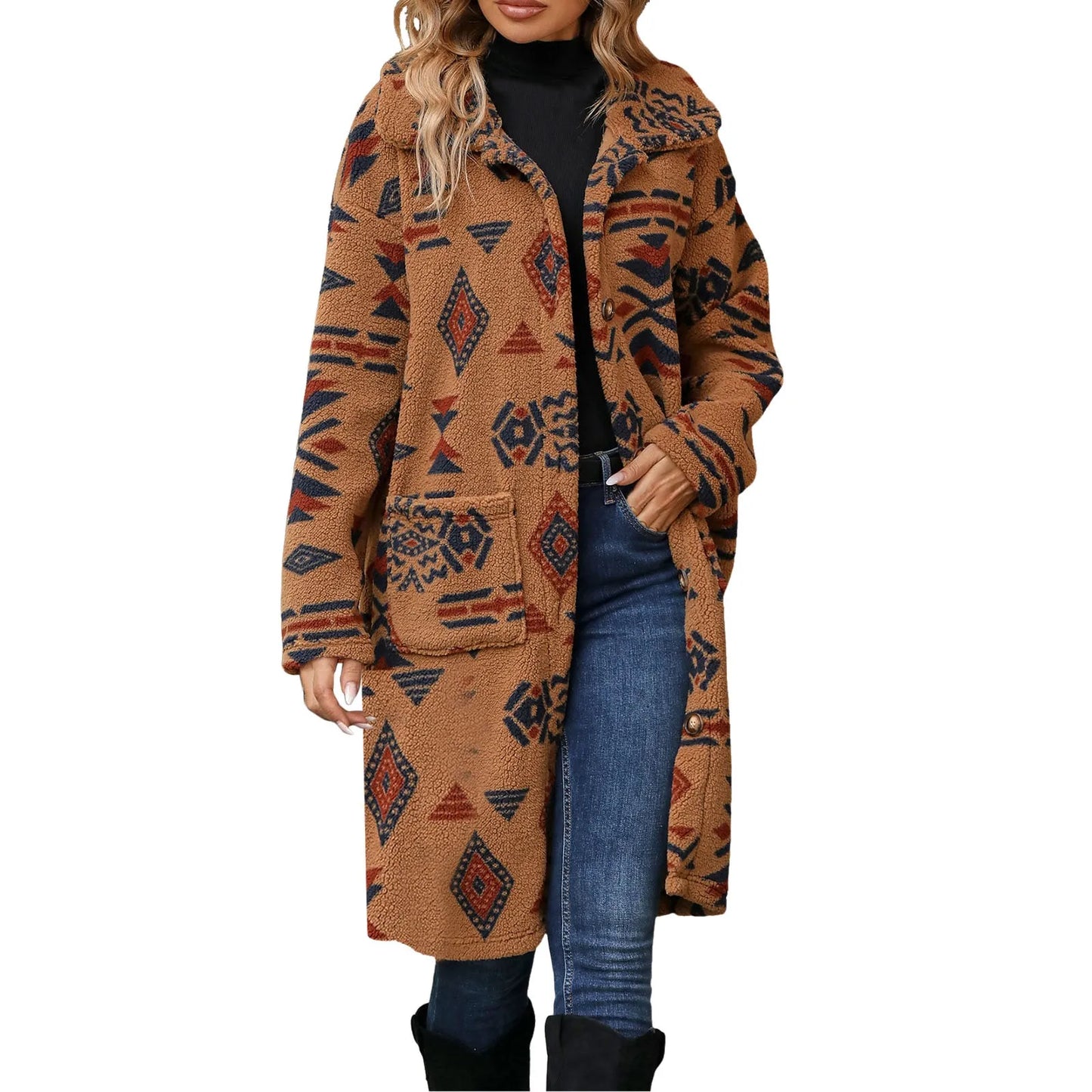 Women's Patterned Plush Hooded Long Coat Cozy Casual Statement Winter Outerwear