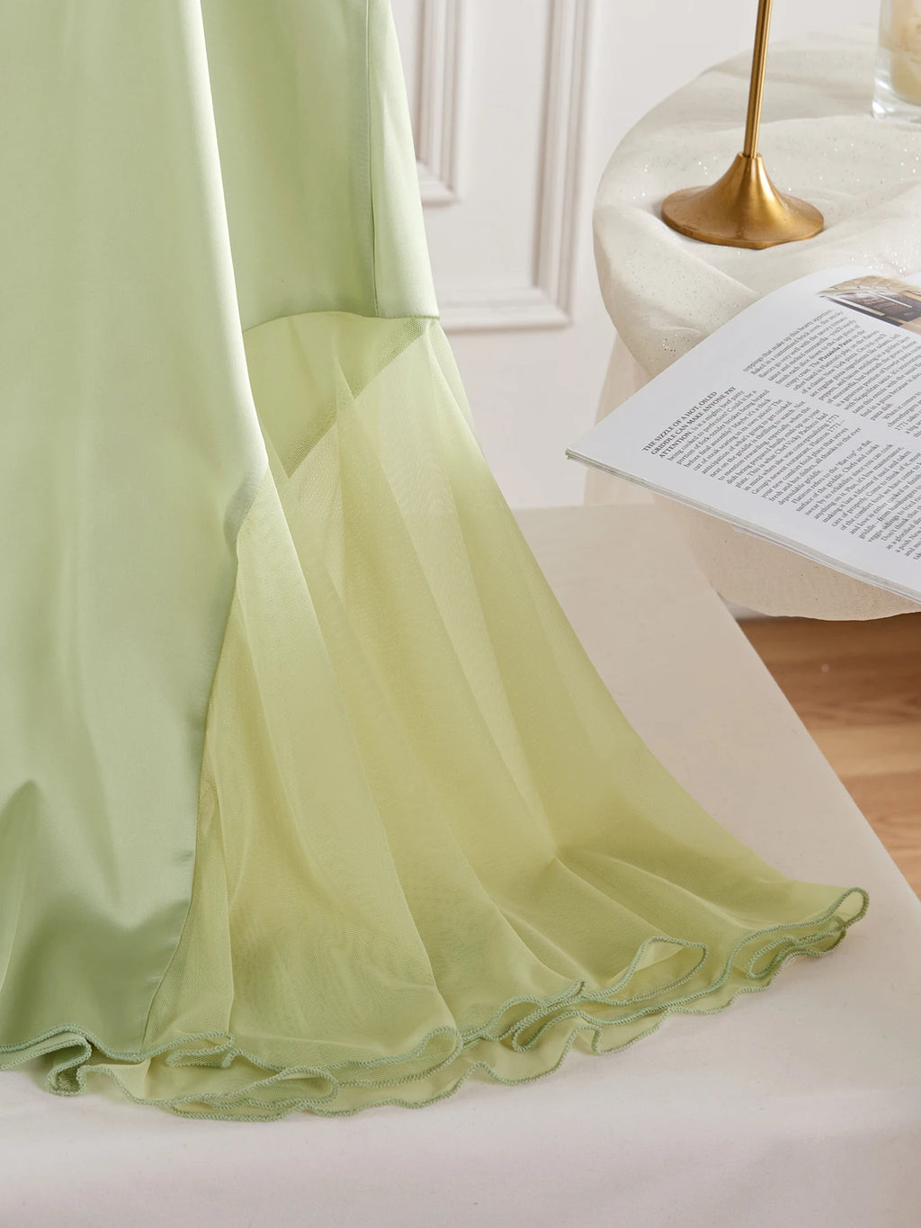 Elegant Mint Green Satin-Finish Slip Dress with Sheer Lace Trim and Flared Hem